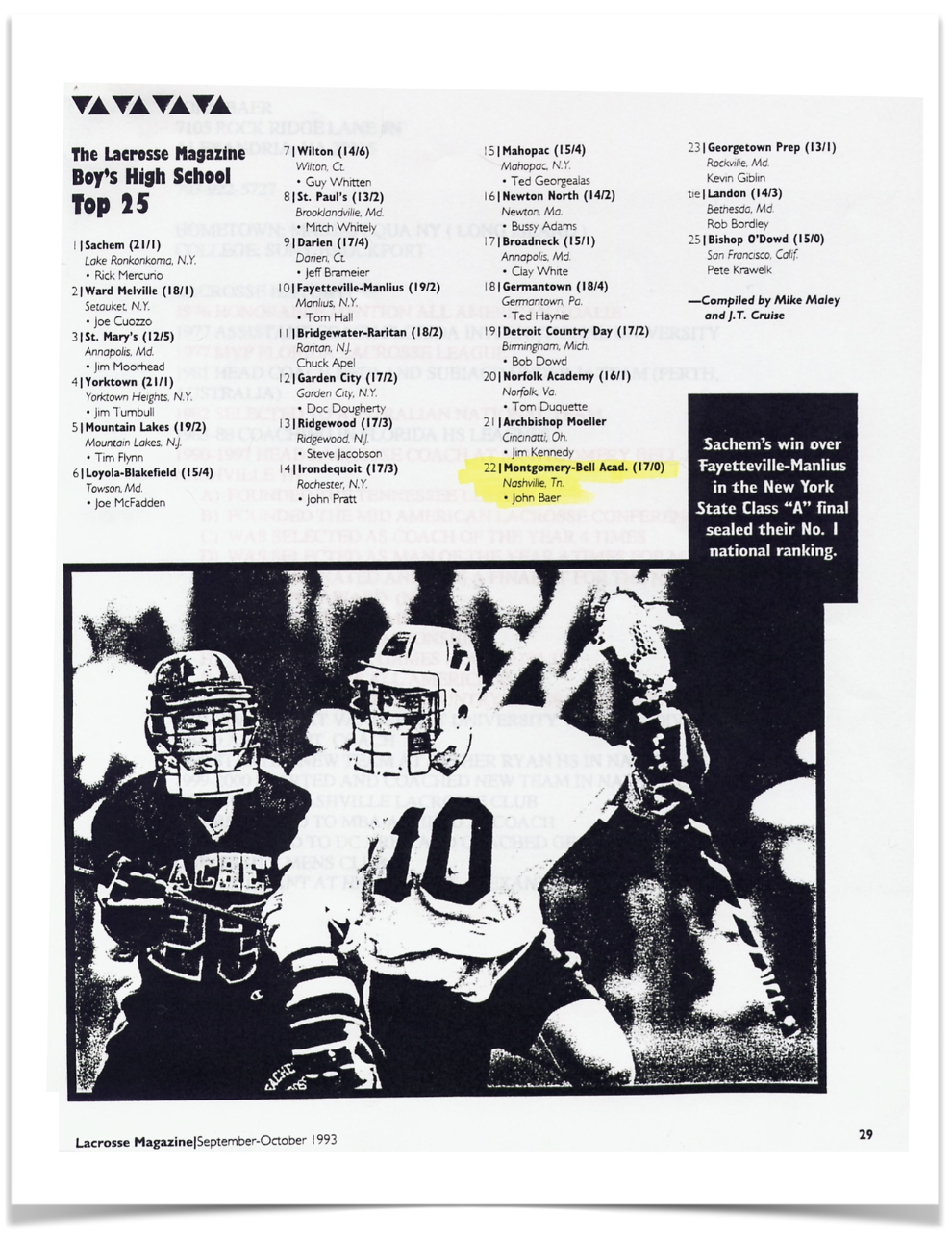 1993 Lacrosse Magazine Top 25 ranking showing Montgomery-Bell Academy at #22